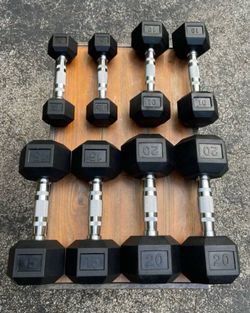 SET  OF  NEW  RUBBER HEX  DUMBBELLS (PAIRS OF) : 5s  10s  15s  20s