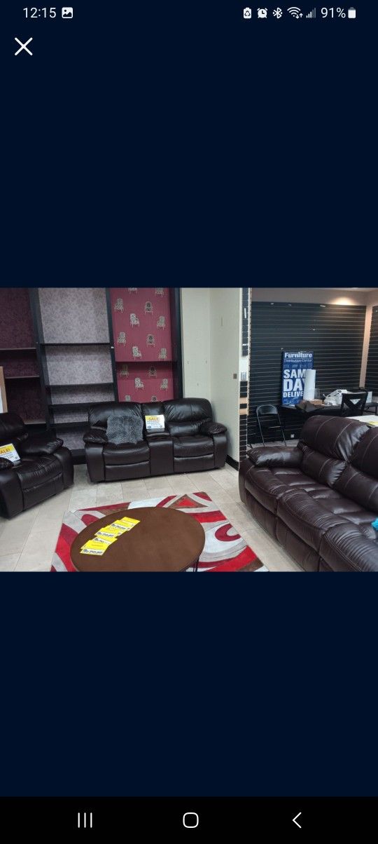 *Wow* Madrid Brown Leather Reclining 3 Piece Living Room...