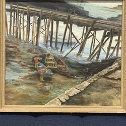 FLORA E. SCHAIFER - c1940s Seascape Oil Painting w/ Pier "Cape Porpoise, Maine"
