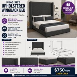 🛏️ BRAND NEW KING-SIZE CHARCOAL GRAY UPHOLSTERED BED — $750 OBO