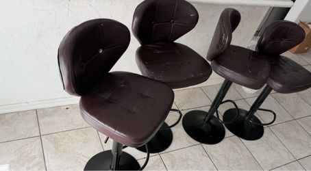 Set of 4 Brown Leather Bar Stools