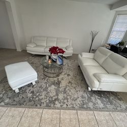 White Leather Furniture Set. Including: Center Glass Table And Carpet  