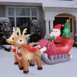 Inflatable Santa Claus On Sleigh with Reindeer, Christmas Tree