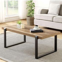 Industrial Coffee Table with Shelf, Wood and Metal Rustic Cocktail Table for Living Room, Oak
