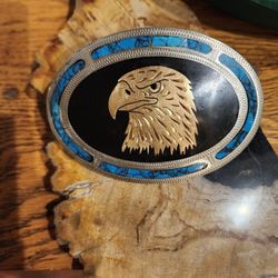 Vintage
Johnson & Held Belt Buckle Turquoise Inlaid Eagle Handcrafted Denver Colorado.
