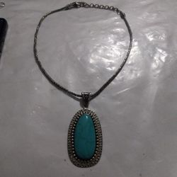 925 Silver Chain And 925 Silver Turquoise Pendant Chain Adjustable In 19 1/2 Turquoise Pendant 3 By 1 3/8 Used 