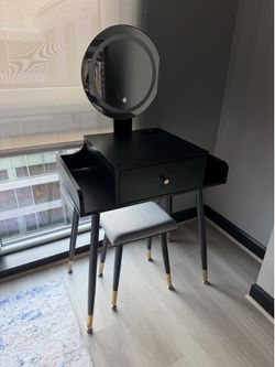 Black Vanity Makeup Desk with LED Lighted Mirror & Stool – Modern Glam