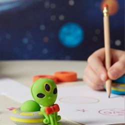 (Lot Of 2) 3D Puzzle 1" Miniature Multi-Color Erasers Figural Outer Space Themed. The image displays outer space-themed 3D puzzle erasers. This is a s