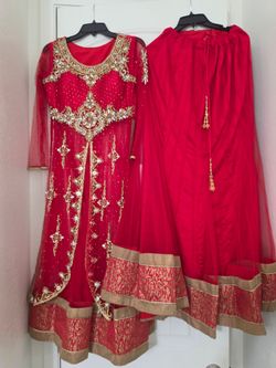 Red and Gold Embroidered Lehenga Choli Set