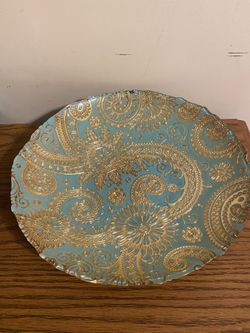 Vintage Turkish Rare Teal Blue And Gold Floral 13” Serving Bowl
