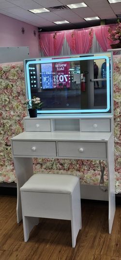 Makeup Vanity Table With Mirror Light And Stool 
