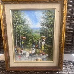 Vtg Amazing  Haitian Framed Oil Painting, Women With Baskets /washing Clothes