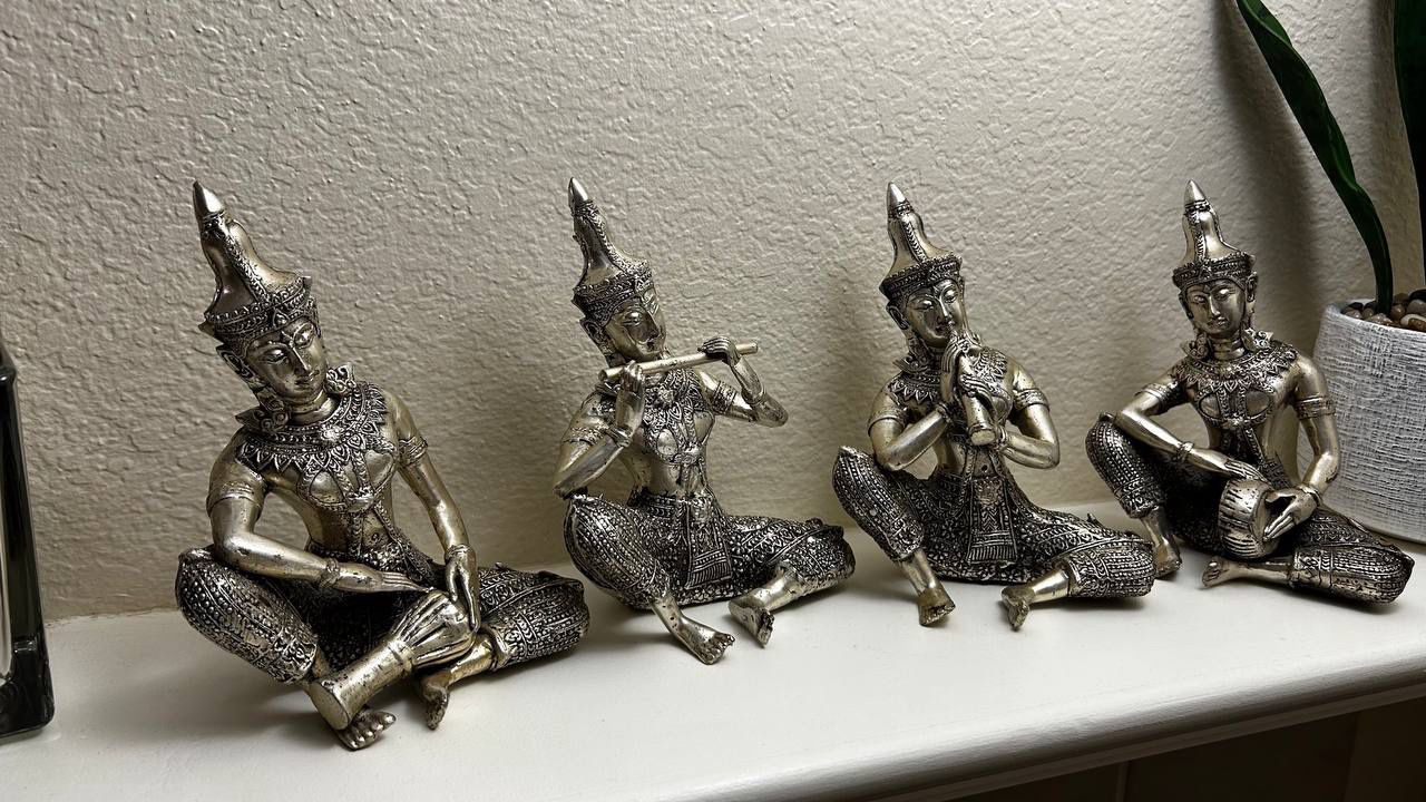 4 Vintage Pewter Thai Musician figurines