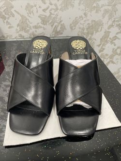 NWT Leather Vince Camuto Women's Hemila Black 8M Sandals, 3” Heel