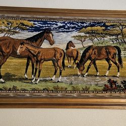Framed Vintage Horses Equestrian Tapestry Rug Wall Hanging Mare Foal Pasture 