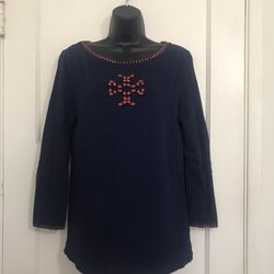 ✔️Tory Burch Navy Blue Top with Orange Embroidery 🧡 Stylish navy blue top featuring orange embroidery 🧡 