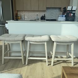 Counter Height Bar Stools Set of 3 for Kitchen Counter, Backless Farmhouse Island Short Barstools No Back with Padded Fabric Saddle Seat & Solid Wood 
