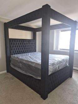 🥰 Brand New Luxury Black Tufted Upholstered King & Queen Size Canopy Platform Bed W/ BT Speakers, USB + Type-C Charging | PAY AFTER DELIVERY 🚚