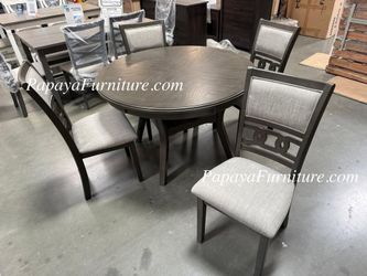 5 Piece Round Dining Table and Chair Set Grey Wood Ashley Kitchen Open Shelf Storage BIG Solid SALE Modern Contemporary Fabric Cushion Clearance 5PC