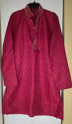 Men's Red Jacquard Kurta Band Collar Embroidery Placket 38
