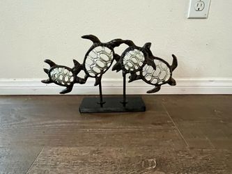 Decorative Sea Turtle Sculpture - Silver and Brown Metal Home Art