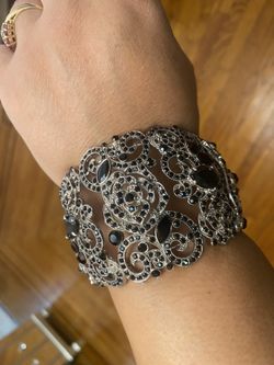 Silver Filigree Black Rhinestone Cuff Bracelet