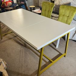 Luxury White Wood Dining Table Set w/ Gold Frame & Center Support Rail - Modern Designer Olive Velvet Chairs (Set Of 4)