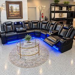 Black Leather Power Reclining Sectional Sofa with LED Lighting