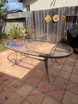 Glass Top Oval Patio Table with Umbrella Hole - Sturdy Metal Frame