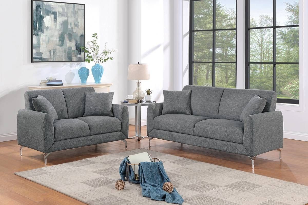 ✅️✅️2 pc dark gray polyfiber woven fabric sofa and love seat set with chrome legs✅️
