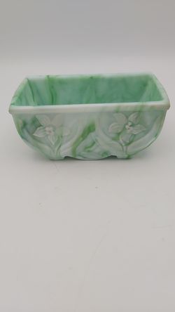 Beautiful Small Vintage Akro Agate Marbled Slag Glass Planter With Daffodil Pattern