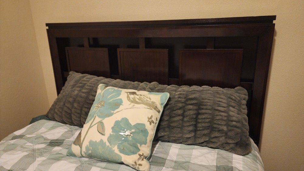 Dark Brown Wood Bedframe & Box Spring - QUEEN