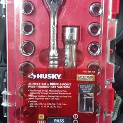 Husky 35-piece 3/8-inch drive 6-point pass-through ratchet and socket set.