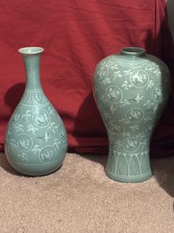 Vintage Pair Korean Celadon Cranes Vases 11.5" Studio Signed Yelim 芸林 1975