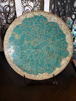 Large Decorative Ceramic Plate Turquoise Crackle Glaze