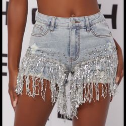 DENIM RHINESTONE FRINGE SHORTS