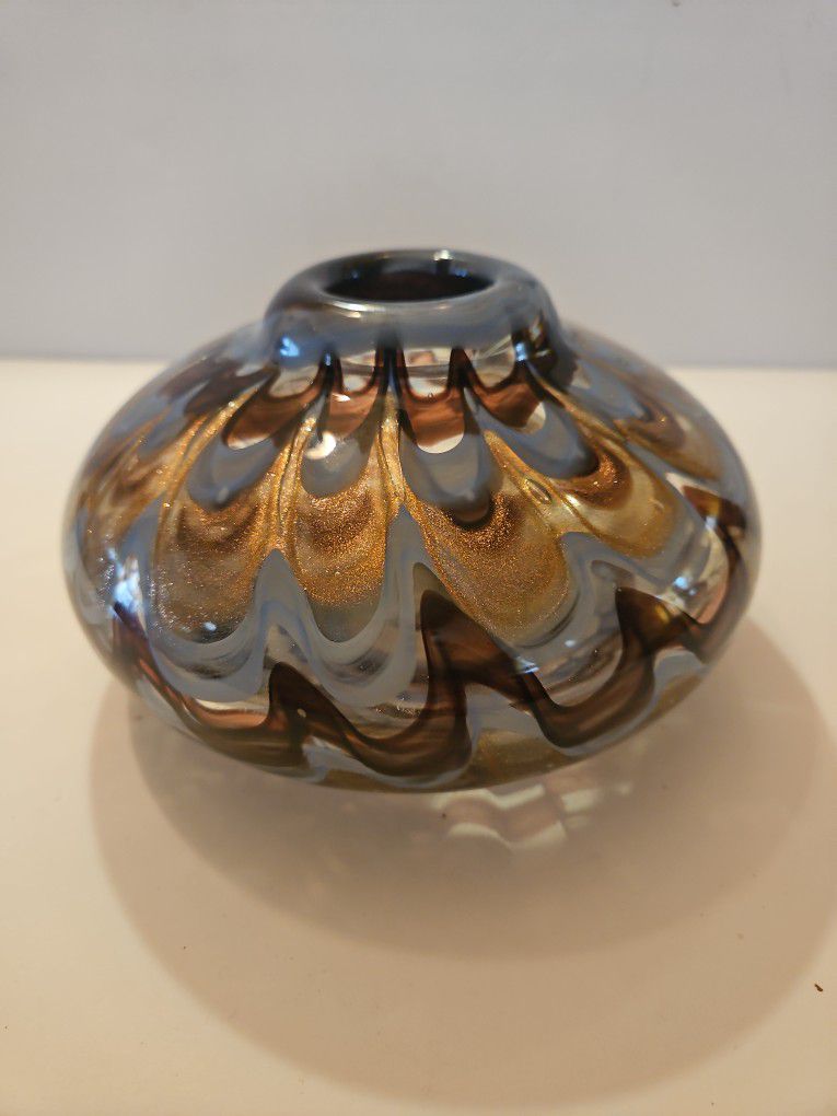 Hand Blown Art Glass Vase - Light Blue, Brown & Glitter Gold,  6.5"W × 4.5"H