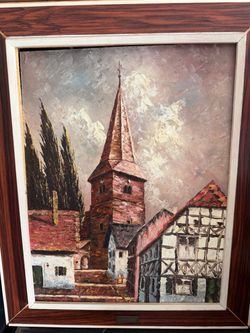 Vintage Signed Original Oil Painting – European Village Church Scene