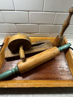 Antique Wooden Food Masher, Rolling Pin And Herb Grinder