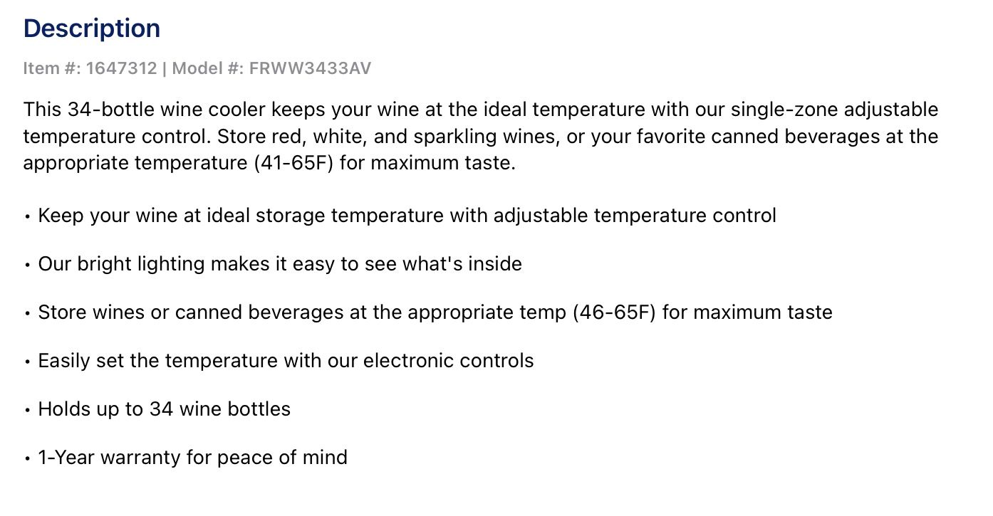 Frigidaire 19.3in W 34Bottle Capacity Black Freestanding Wine Cooler