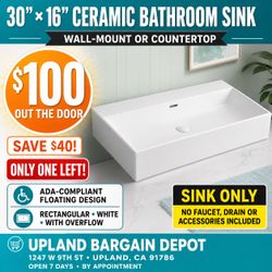 30” Wall-Mount Vessel Bathroom Sink – White Ceramic – $100 Out the Door