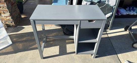 Grey Wooden Desk with Drawer and Shelves LENGTH 36in, HEIGHT 30in WIDTH 17 in