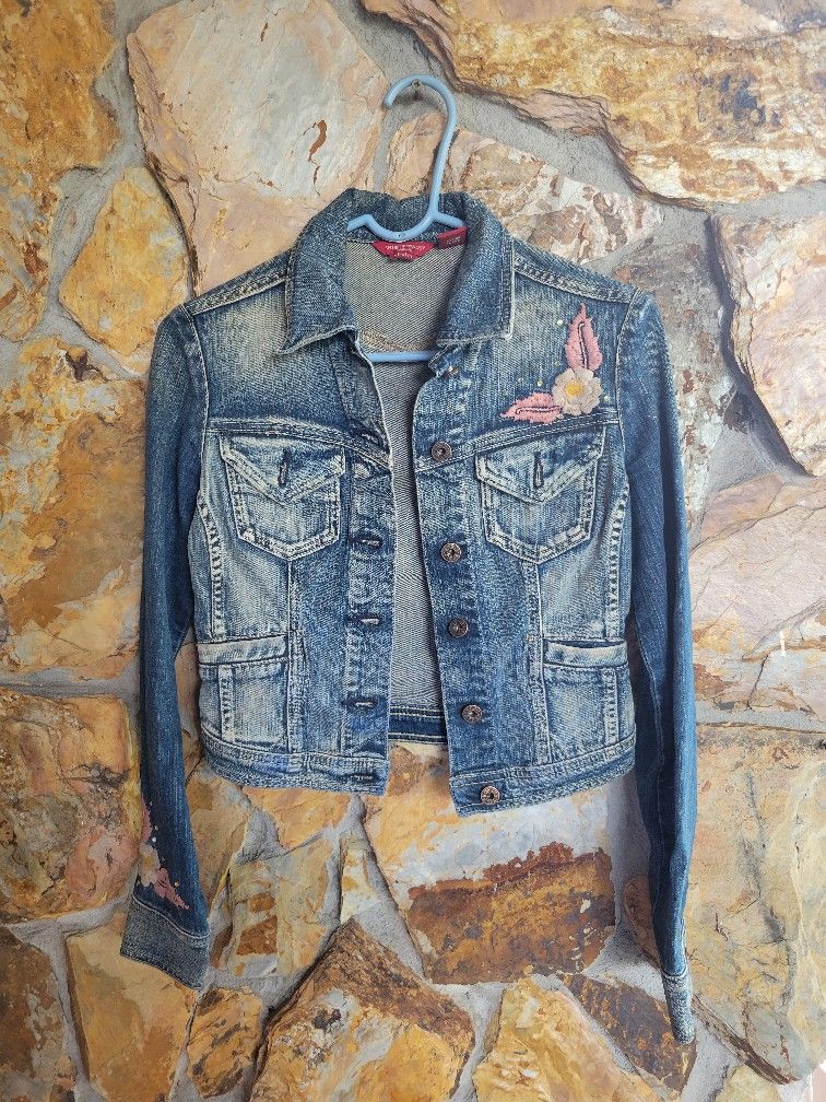 Guess Jean Jacket With Embroidered Flowers