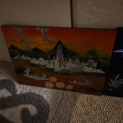 Vintage Asian Black Lacquer Mother of Pearl Inlay Wall Art, Oriental Scene, Wall Decor, Asian Art