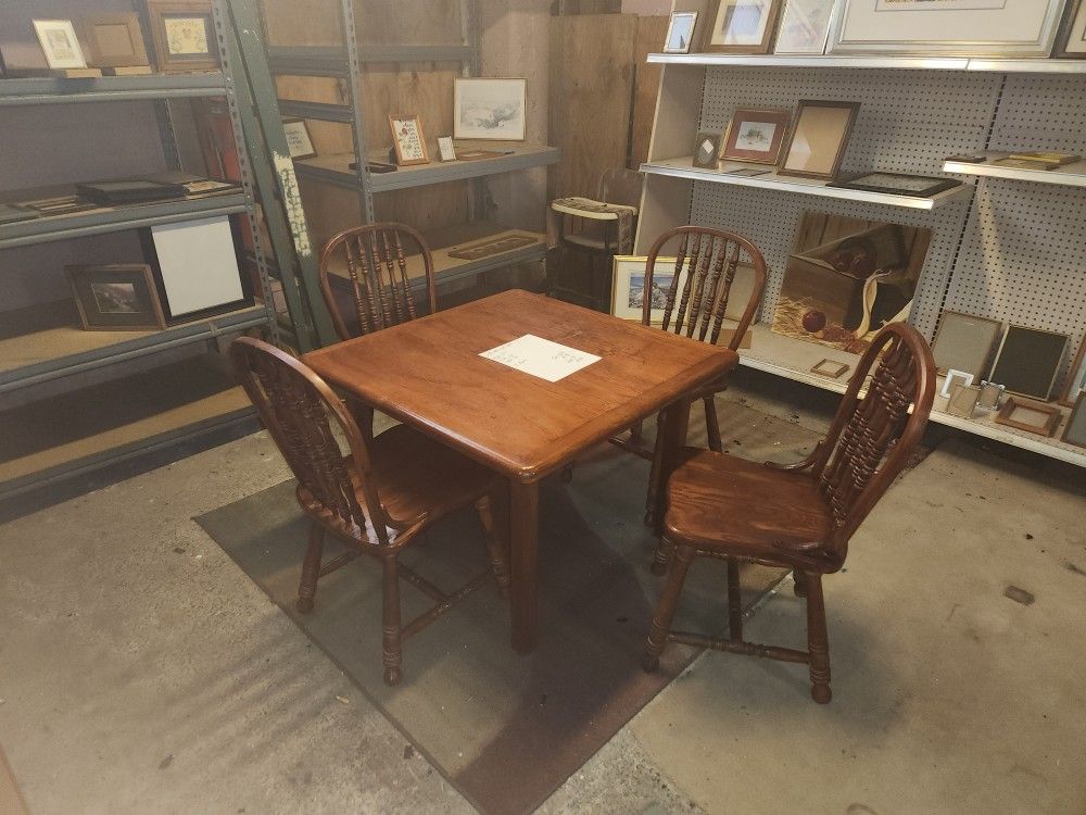 $175 ANTIQUE WINDSOR STYLE CARD TABLE WITH 4 CHAIRS