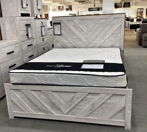Cayboni Whitewash Queen Panel Bed, Dresser, Mirror And Nightstand$10 Down Payment And Financing Available