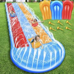 25 Ft Extra Long n Width Triple Slip Water Slide with 3-Way Sprinklers, Backy