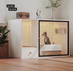 37.4'' W ,Cat Litter Box Enclosure Furniture Style, Large Hidden Glass Door Kitty Cat Cabinet with Light and Storage Drawer, Fit Most of LitterBox ,Wh