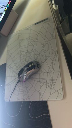 Pawnge gaming mouse super light weight and a glass mousepad with a spider web look.