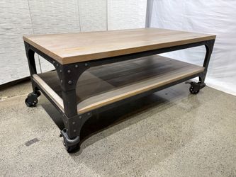 Weathered Gray Industrial Coffee Table with 2-Tier Storage